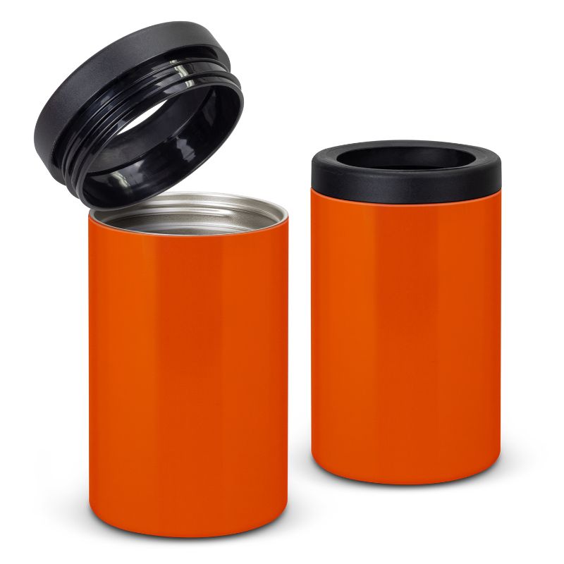 Bright orange vacuum-insulated cooler set of three, designed for keeping beverages cold with secure screw-on tops.