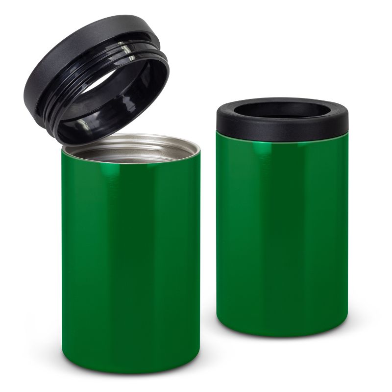 Dark green vacuum insulated stubby cooler by Smartfox NZ, designed to keep drinks cold, includes three units.