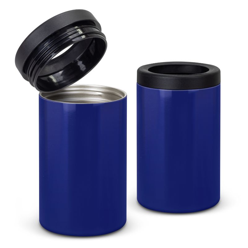 Royal blue vacuum insulated stubby cooler pack of 3, designed to keep drinks cold with a secure screw-on top.