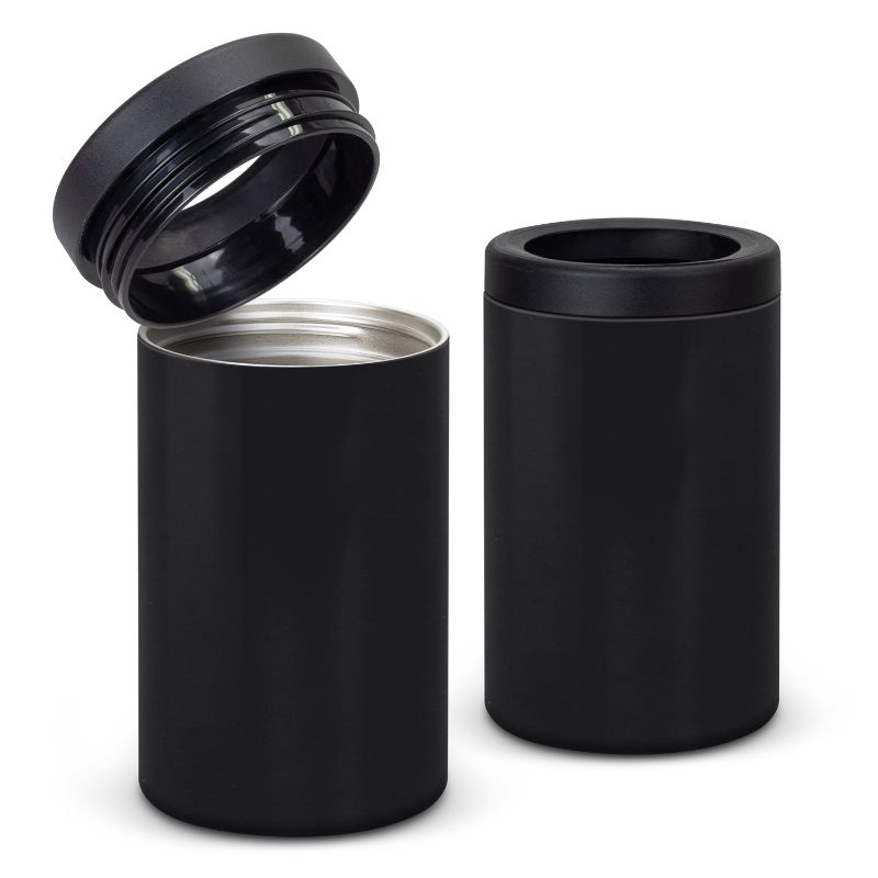Vacuum insulated black stubby cooler set of 3, designed to keep drinks cold with a secure screw-on top.