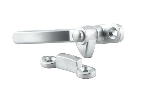 Left hand split rail fastener with packer, satin chrome finish, designed for side/top hung windows, durable zinc construction.