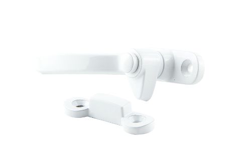 Left hand split rail fastener with packer, white powder-coated, for side or top hung windows, includes draft seal packer.
