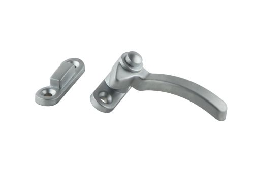 Right Hand Split Rail Fastener with Packer in Satin Chrome, designed for secure installation on windows, includes packer for draft seals.