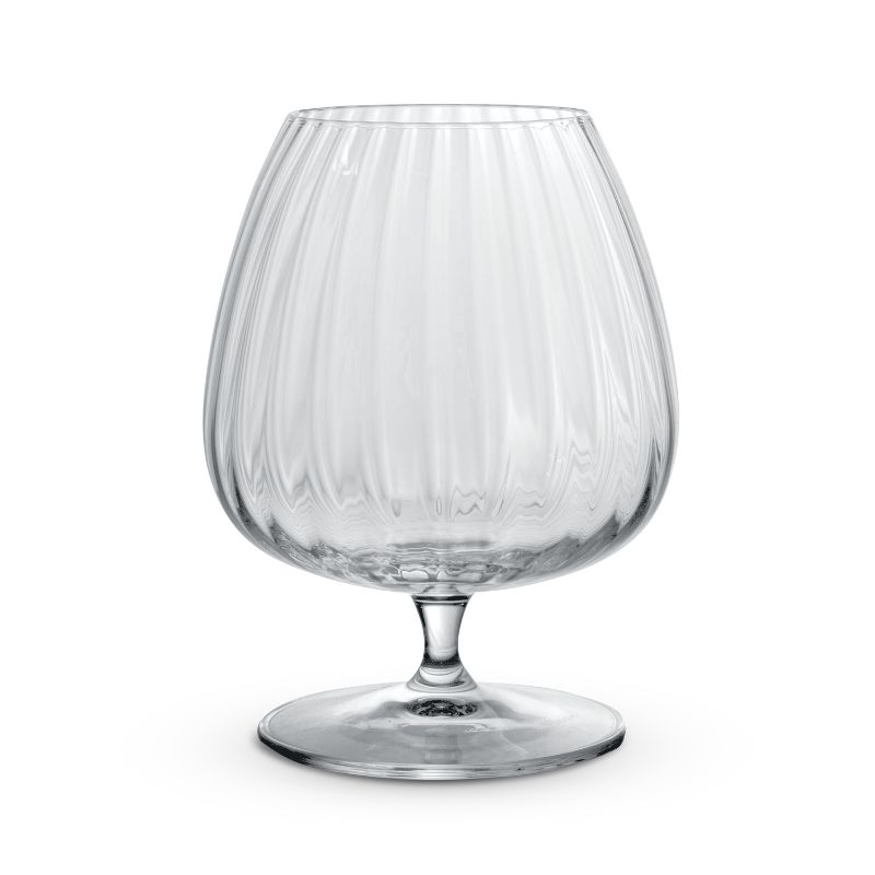 Set of four clear Luigi Bormioli Optica Cognac glasses, featuring a unique ribbed design, crafted from durable lead-free crystal.