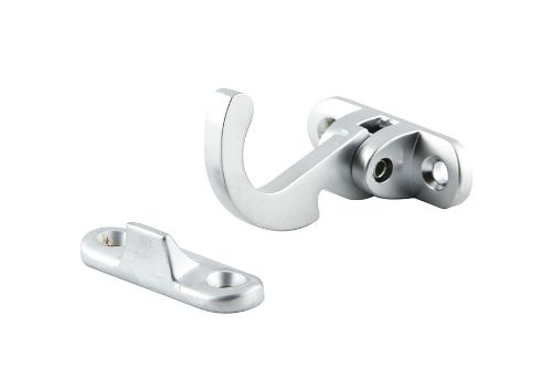 Satin chrome plated Spur Fastener Spring Catch designed for secure closure of top-hung awning windows, includes fixings and template.