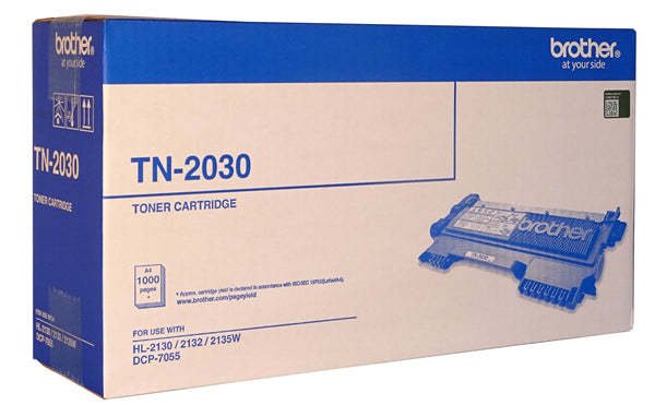 Brother TN-2030 Low Yield Black Toner cartridge for sharp, professional prints, yields up to 1,000 pages, compatible with select models.