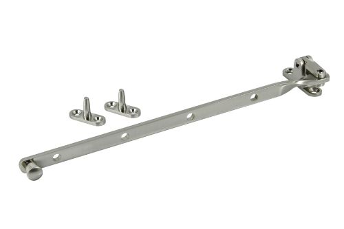 Satin nickel plated 305mm fanlight stay for top hung windows, with multiple opening positions and included fixing template.