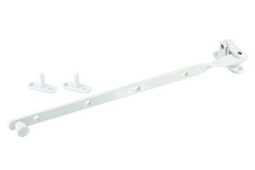 White powder-coated fanlight stay for top hung windows, 305mm long, durable brass and zinc, includes stainless steel fixings.