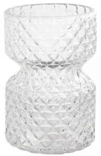 Clear glass Harlow Vase, 11cm diameter and 16cm tall, perfect for flowers or decor, enhancing any space with elegance.