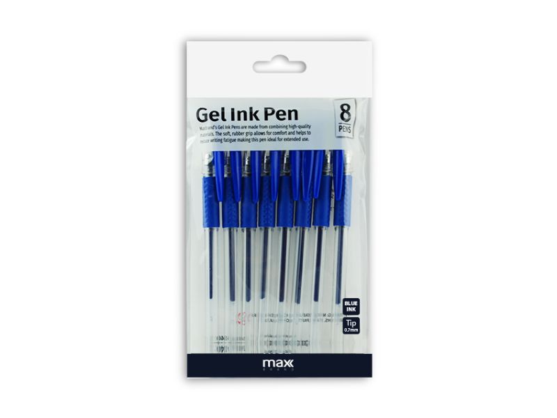 Eight vibrant blue gel ink pens in a pack, designed for smooth, effortless writing and comfortable grip. Perfect for all uses.