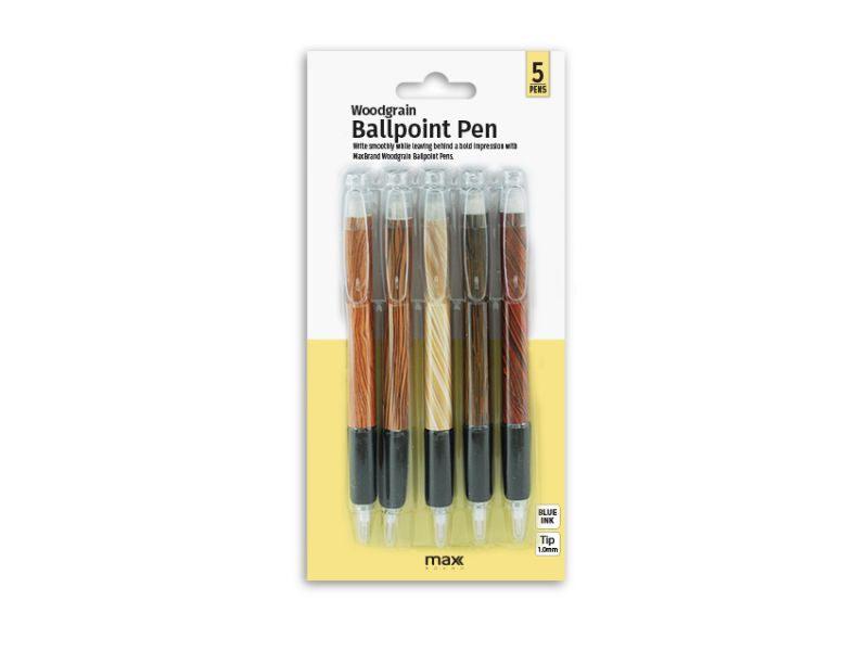 Elegant MC Woodgrain ball pens in packs of 5, perfect for smooth writing in professional and personal settings.