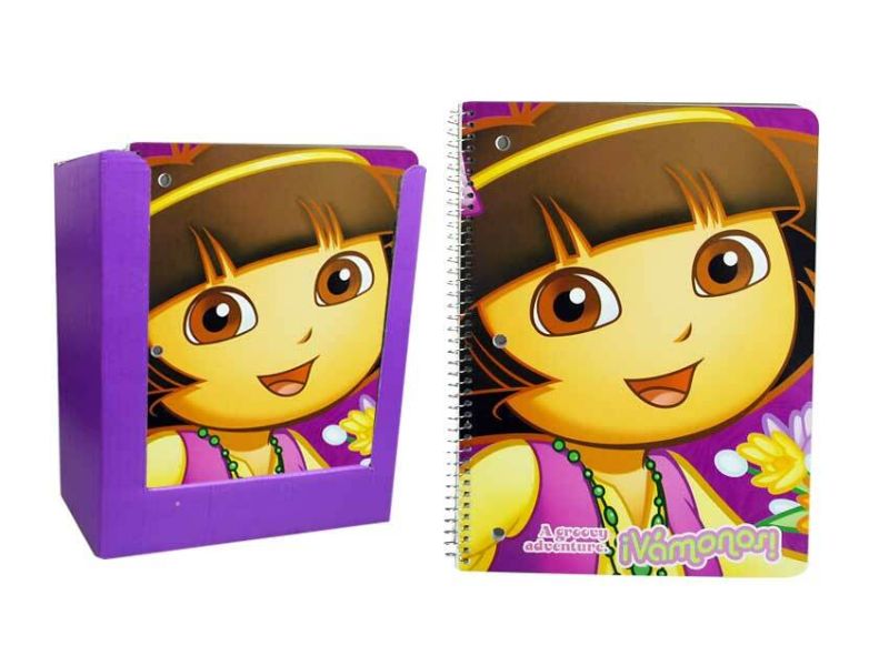 Colorful Disney-themed notebooks featuring Dora, perfect for kids' creativity with lined pages and durable ribbed spine.