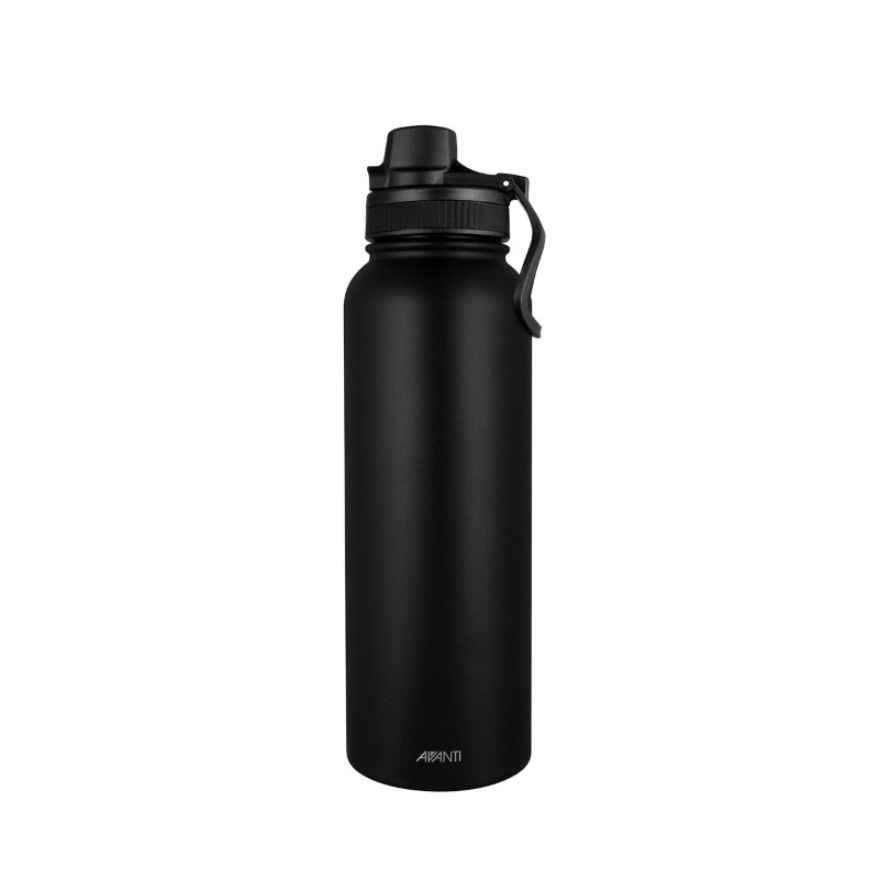 Avanti HydroSport Quench Insulated Bottle in black, 1.1L, keeps drinks cold for 24 hours, with a leakproof design and carry handle.