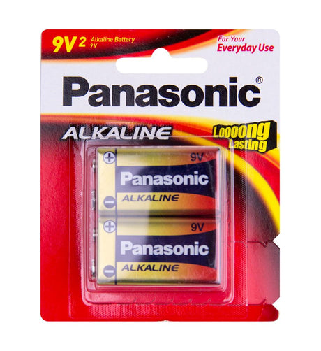 Panasonic 9V 2 Alkaline Battery Pack: reliable power source with anti-leak protection and long-lasting energy for devices.
