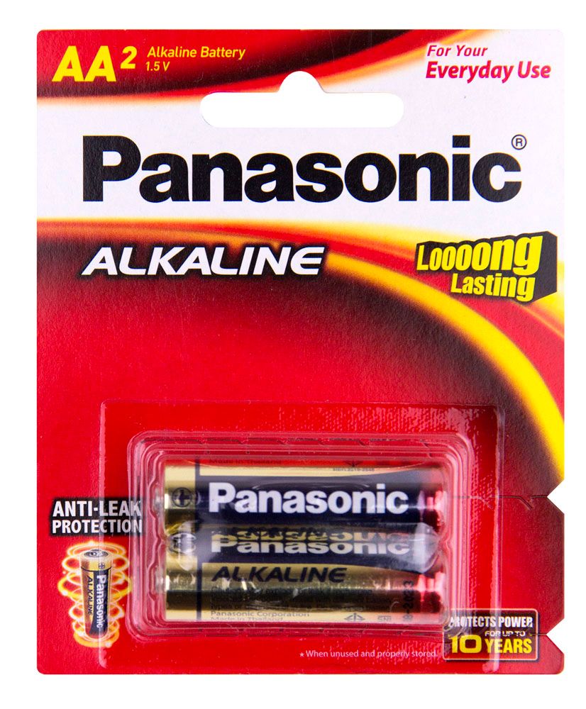Panasonic AA Alkaline Batteries 2 Pack featuring Anti-Leak Protection and Triple Tough Coating for reliable performance.