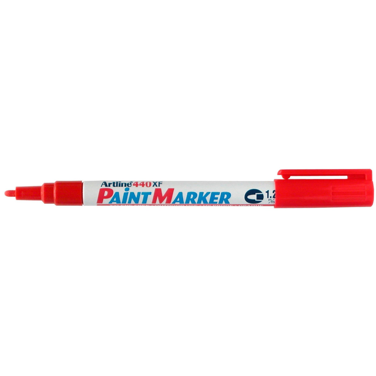 Set of 12 Artline 440 red paint markers with 1.2mm bullet nib, waterproof, fade-resistant, perfect for vibrant marking.