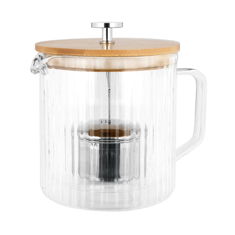 Elegant Avanti Rigato Double Wall Teapot (950ml) with ribbed design, bamboo lid, and stainless steel infuser for perfect tea brewing.