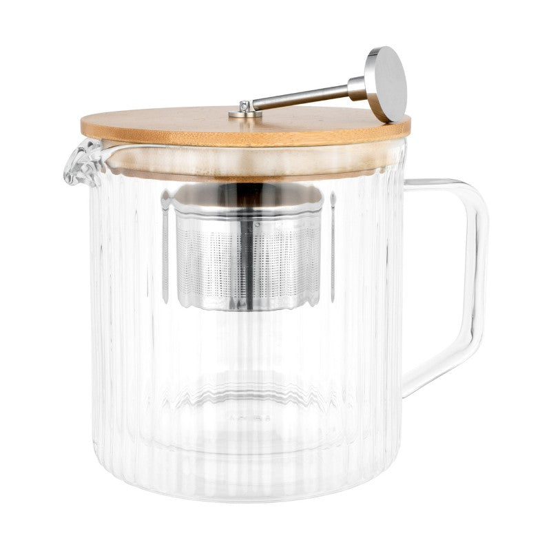 Elegant Avanti Rigato Double Wall Teapot (950ml) in ribbed borosilicate glass with bamboo lid and stainless steel infuser.