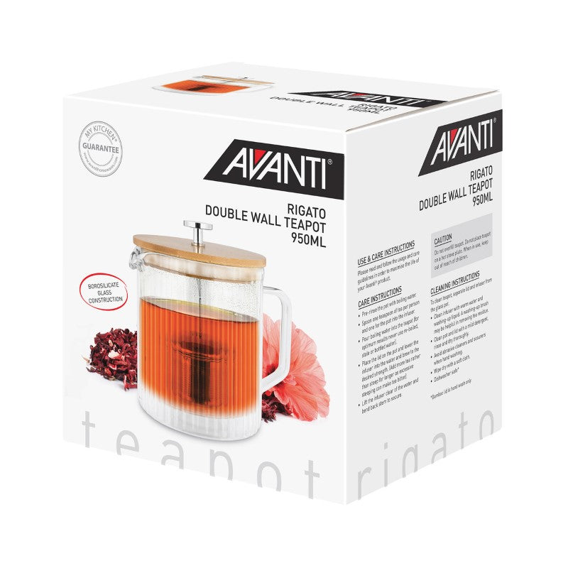 Elegant Avanti Rigato double wall teapot in heat-resistant borosilicate glass with bamboo lid, 950ml, ideal for brewing loose tea.