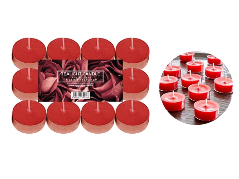 Pack of 1152 rose-scented tealight candles, perfect for creating a calming ambiance with a delicate floral aroma.