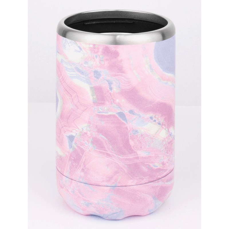 Avanti Double Wall Insulated Can Holder in Pink Marble, designed to keep drinks cold with no condensation. Perfect for outdoor adventures.