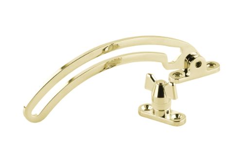 Brass-plated window stay for top hung awning windows, featuring durable zinc construction and easy installation fixings.