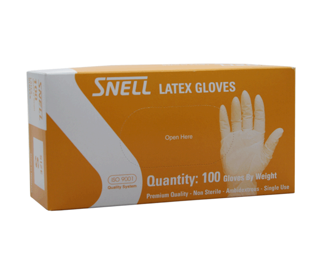 Pack of 100 small powdered latex disposable gloves, designed for comfort and versatility in food and medical use.