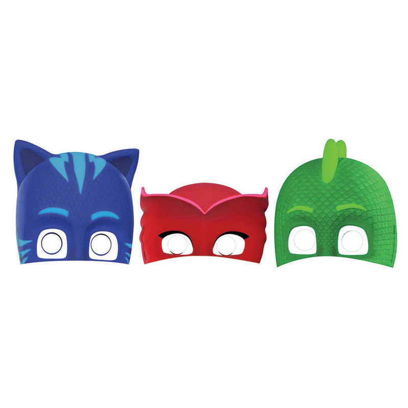 Colorful PJ Masks cardboard masks pack of 8 with assorted designs and elastic bands for fun dress-up play.