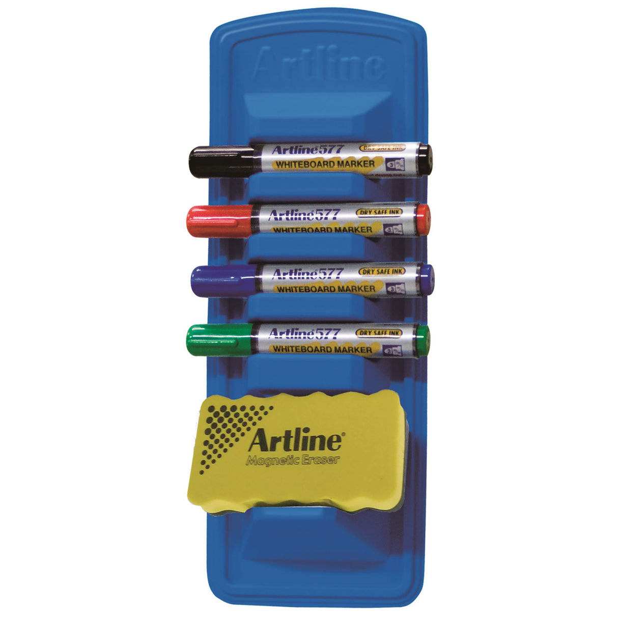 Artline 577 Whiteboard Caddy Starter Kit with assorted markers, magnetic eraser, and mounting accessories for effective whiteboard use.