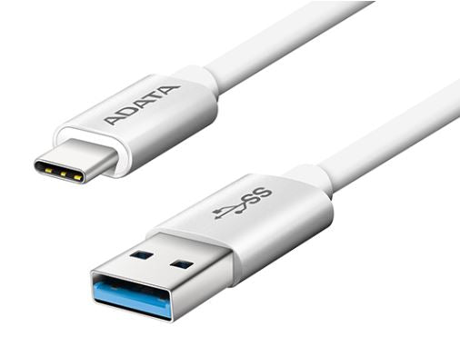 White ADATA USB 3.2 Type-C to USB Type A cable, 1m long, supporting 5Gbps data transfer and 15W power delivery.
