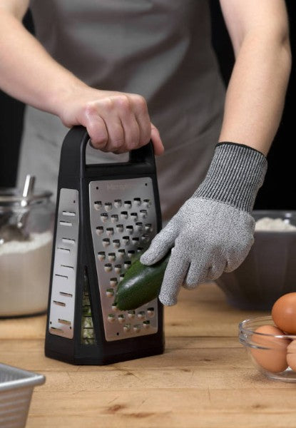 Cut resistant glove from Microplane, lightweight and comfortable for safe food prep with sharp tools in home or commercial kitchens.