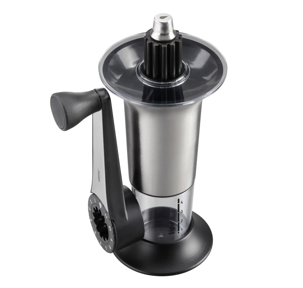 Hand coffee grinder Lorenzo by GEFU, featuring stainless steel, 11 grind settings, and a detachable crank for easy storage.
