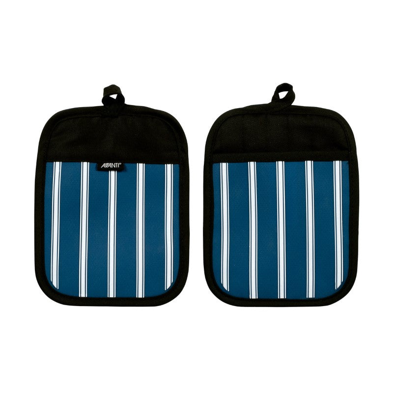 Set of 2 Avanti silicone pot holders in butcher stripe design, heat-resistant and non-slip for safe handling of hot cookware.