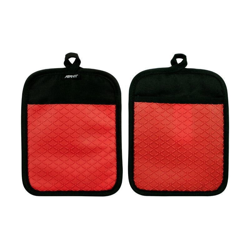 Bright red silicone pot holders, set of 2, heat-resistant, versatile for lifting hot dishes and protecting surfaces.