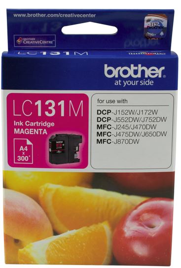 Brother LC131M Magenta Ink Cartridge for vibrant prints, compatible with various Brother models, yields up to 300 pages.