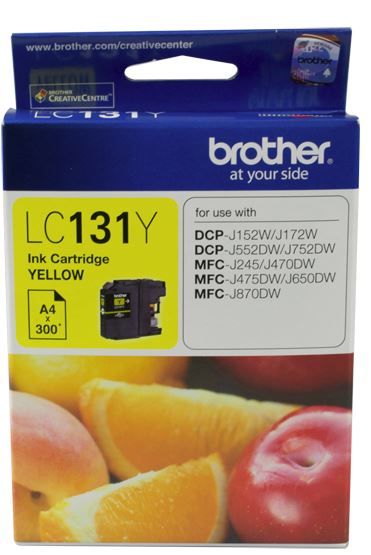 Brother LC131Y Yellow Ink Cartridge for vibrant prints, compatible with multiple Brother printer models, yields 300 pages.