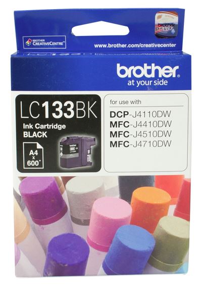 Brother LC133BK Black Ink Cartridge for high-quality prints, 600-page yield, and compatibility with various Brother printers.