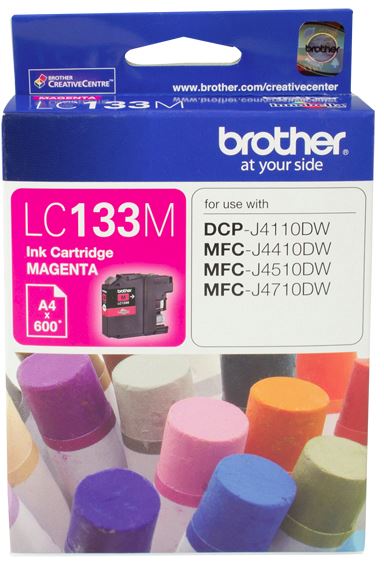 Brother LC133M Magenta Ink Cartridge for vibrant printing, compatible with various Brother printers, yields up to 600 pages.