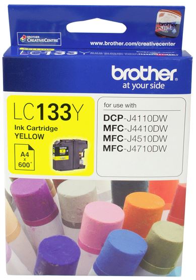 Brother LC133Y Yellow Ink Cartridge for vibrant prints, compatible with various Brother printers, yields up to 600 pages.