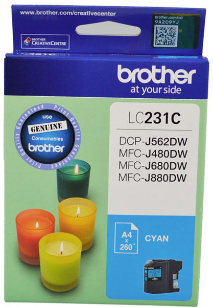 Cyan ink cartridge for Brother printers, offering vivid colors and a yield of 260 pages at 5% coverage.