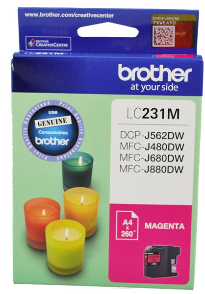 Brother LC231M Magenta Ink Cartridge for vibrant prints, compatible with several Brother printer models, yielding up to 260 pages.