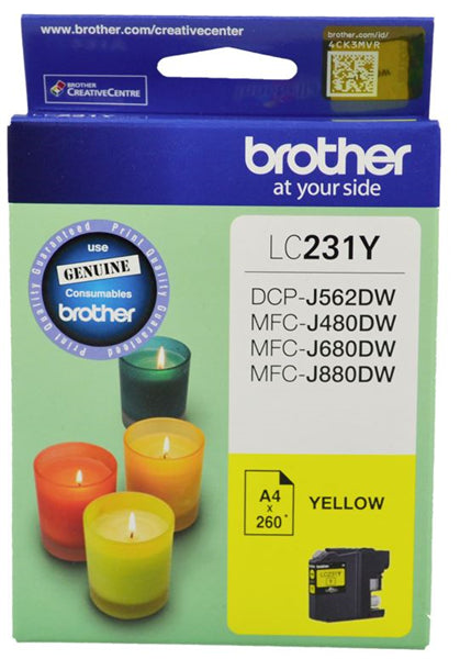 Brother LC231Y Yellow Ink Cartridge for vibrant prints, lasting up to 260 pages, compatible with various Brother printers.