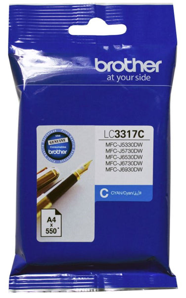 Brother LC3317C Cyan Ink Cartridge for vibrant prints, yielding 550 pages, compatible with various MFC printer models.
