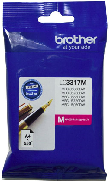 Brother LC3317M Magenta Ink Cartridge for vibrant prints, yielding up to 550 pages, compatible with multiple Brother printers.
