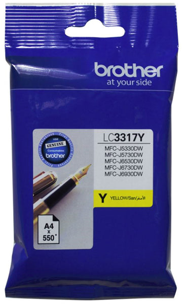 Brother LC3317Y Yellow Ink Cartridge for vibrant prints, compatible with select Brother printers, yields up to 550 pages.