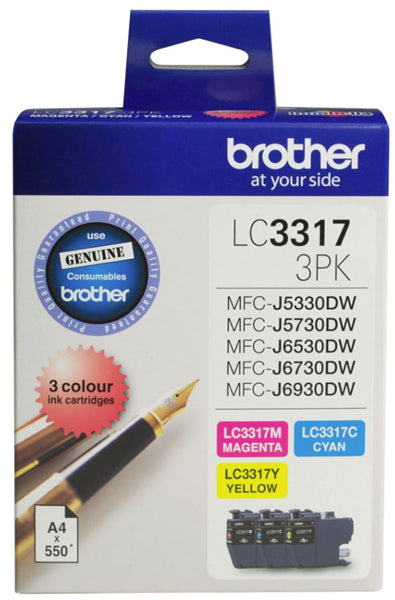 Brother LC33173PK ink cartridges pack featuring vibrant CMY colors for up to 550 pages, compatible with select Brother printers.