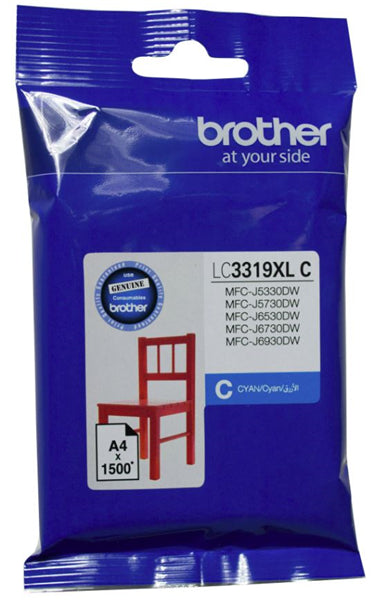 Brother LC3319XLC Cyan ink cartridge for vibrant prints, yielding up to 1500 pages, compatible with select Brother printers.