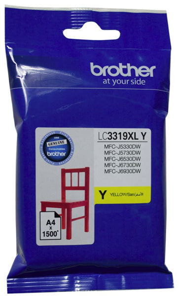 Brother LC3319XLY Yellow Ink Cartridge, high yield for up to 1500 pages, ensures vivid colors and sharp text for quality prints.