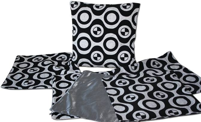 Set of 6 retro design cushion covers featuring unique patterns and a satin grey finish, perfect for enhancing home decor.