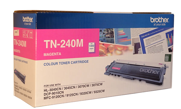 Brother TN-240M Magenta Toner cartridge for vibrant prints, compatible with various Brother printers, yields 1,400 pages.